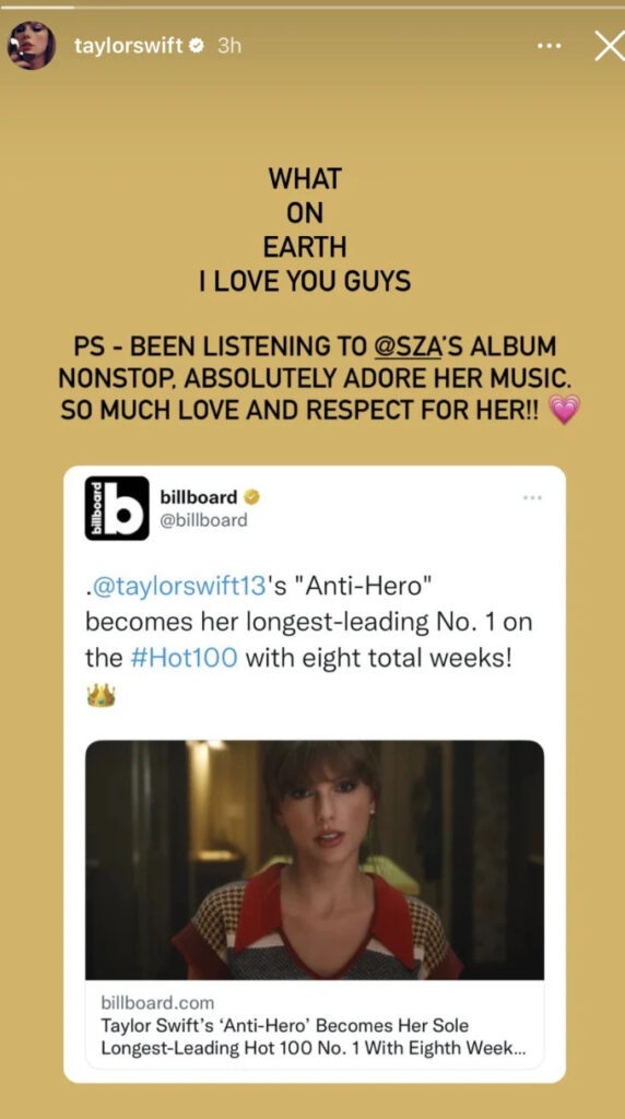 Taylor Swift Recognizes Sza's "Sos" As "Anti-Hero" Continues To Dominate The Billboard Hot 100